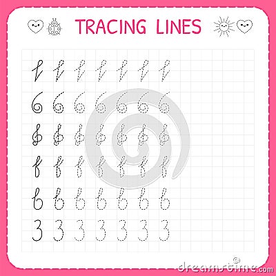 Tracing lines. Worksheet for kids. Trace the pattern. Basic writing. Preschool or kindergarten worksheets. Working pages for child Vector Illustration