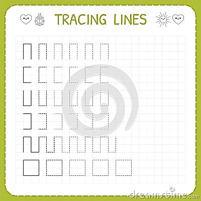 Tracing lines. Worksheet for kids. Working pages for children. Preschool or kindergarten worksheets. Trace the pattern. Basic writ Vector Illustration