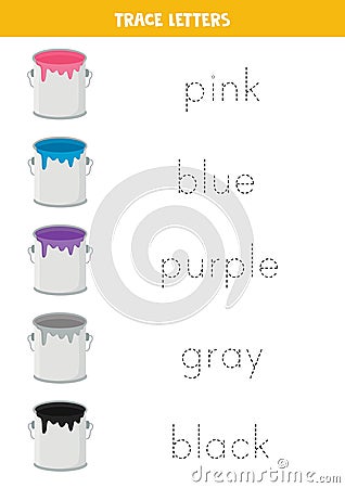 Tracing names of colors with paint cans. Writing practice. Vector Illustration