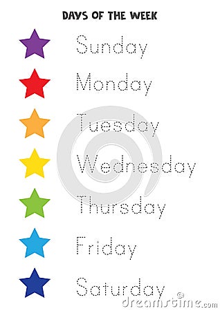 Tracing names of day of week, worksheet for kids Vector Illustration