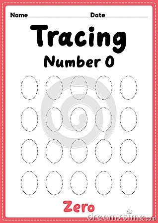 Tracing number 0 worksheet for kindergarten, preschool and Montessori kids for learning numbers and handwriting practice Stock Photo