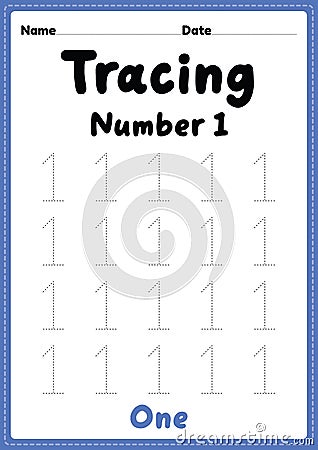 Tracing number 1 worksheet for kindergarten, preschool and Montessori kids for learning numbers and handwriting practice Stock Photo