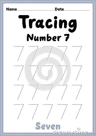 Tracing number 7 worksheet for kindergarten, preschool and Montessori kids for learning numbers and handwriting practice Stock Photo