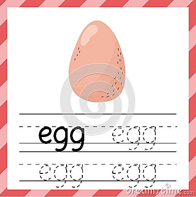 Tracing worksheet with the word - Egg. Learning material or flashcard for kids Vector Illustration