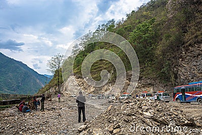 Forced stop on mountain road 9 April 2018 track around Annapurna Editorial Stock Photo