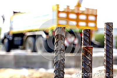 steel of foundation behind the truck Stock Photo