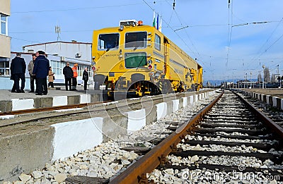 Track construction train on Railway Station in Sofia, Bulgaria Nov 25, 2014 Editorial Stock Photo