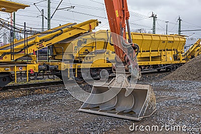 Track construction wagons in a storage area of the German Federal Railways Editorial Stock Photo