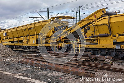 Track construction wagons in a storage area of the German Federal Railways Editorial Stock Photo