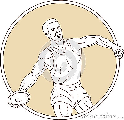 Track and Field Discus Thrower Circle Mono Line Cartoon Illustration