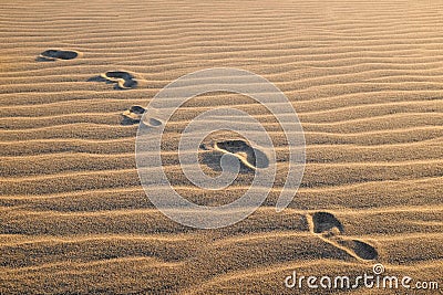 Track of human footprints on undulated sand dune. Stock Photo