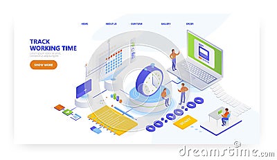 Track working time, landing page design, website banner vector template. Time tracking app. Workload management. Vector Illustration