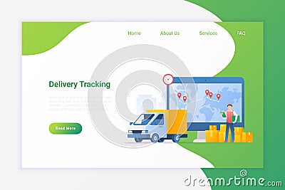 Tracking delivery service Flat vector illustration. Delivery Van Car with Packages and worker near Monitor with Map Vector Illustration