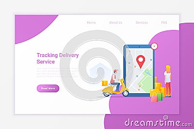 Tracking Delivery of your Package box Online with Smartphone Flat vector illustration. Woman looking on Mobile phone for delivery Vector Illustration