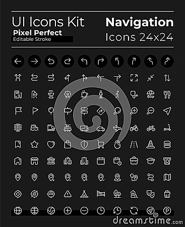 Tracking location pixel perfect white linear ui icons set for dark theme Vector Illustration
