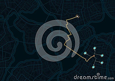 Tracking location and planned route on the map. Intended goals, destinations, roads throughout map. Navigation for Vector Illustration
