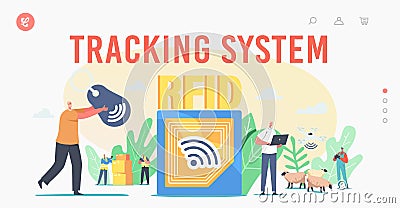 Tracking System Landing Page Template. Rfid, Radio Frequency Identification Tag Technology. Tiny Electromagnetic Track Vector Illustration