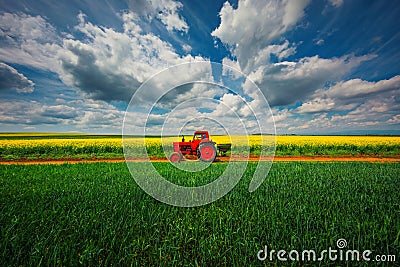 Tractor in the agricultural fields and dramatic clouds Stock Photo