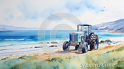 Tractor By The Beach: A Whistlerian Watercolor Painting Cartoon Illustration