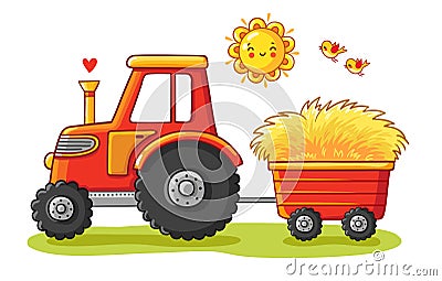 Tractor with a cart. Cartoon Illustration