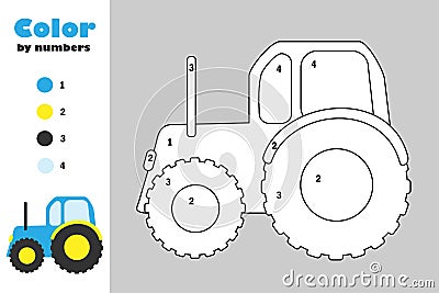 Tractor in cartoon style, color by number, education paper game for the development of children, coloring page, kids preschool Stock Photo