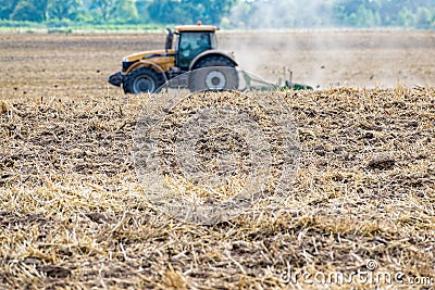 Tractor cultivating the field Stock Photo