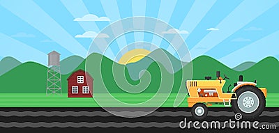 Tractor cultivating field at spring background Cartoon Illustration