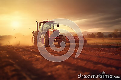 Tractor cultivating field at spring. Generative Ai Stock Photo