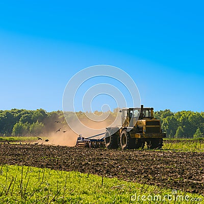 Tractor cultivating field at spring Stock Photo