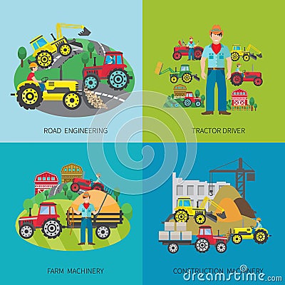 Tractor Driver Flat Set Vector Illustration