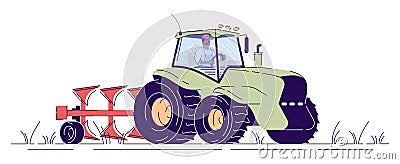 Tractor driver flat vector character. Tillage, cultivation agricultural machinery cartoon design element with outline Vector Illustration