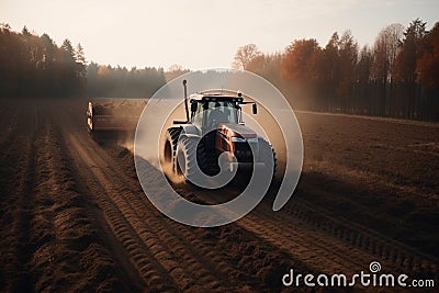 Tractor driving across large field making special beds for sowing seeds into purified soil. Agricultural vehicle works in the Stock Photo
