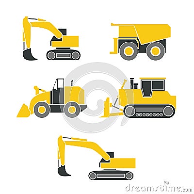 Tractor, excavator, bulldozer, crawler set , Wheeled and continuous track with blade and backhoe. Vector Illustration