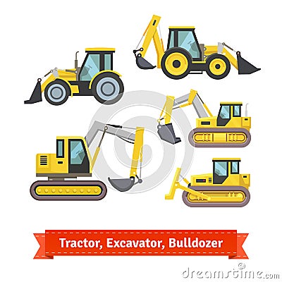 Tractor, excavator, bulldozer set Vector Illustration