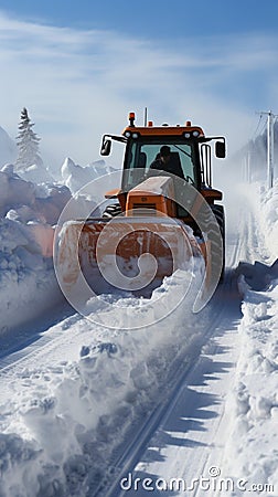 Tractor and excavator work in tandem: clearing roads and cleaning streets of snow. Stock Photo