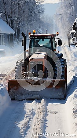 Tractor and excavator work in tandem: clearing roads and cleaning streets of snow. Stock Photo