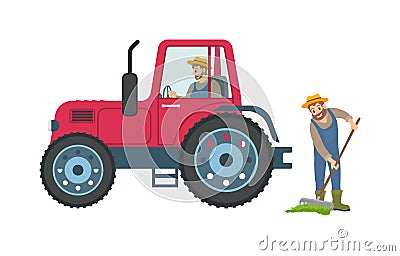 Tractor and Farmer with Rake Vector Illustration Vector Illustration