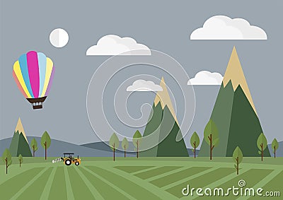 Tractor in the field with Balloon, vector illustration. Vector Illustration