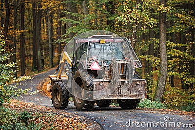 Tractor with grapple on road in forest. Lumber industry Stock Photo