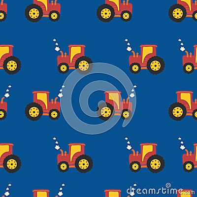 Tractor kids pattern. Seamless vector background tractors on blue. Vector Illustration