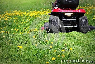 Tractor lawn mower cutting the grass in springtime Stock Photo