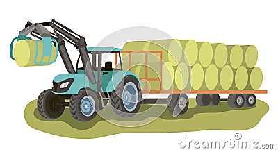 Tractor with loader and bales of hay on the cart Vector Illustration