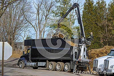 tractor loading mulch on truck Stock Photo