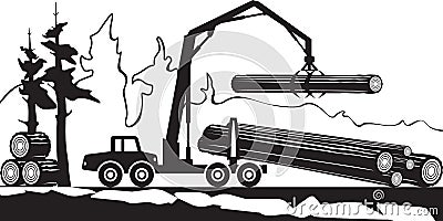 Tractor loading wood timbers in the forest Vector Illustration