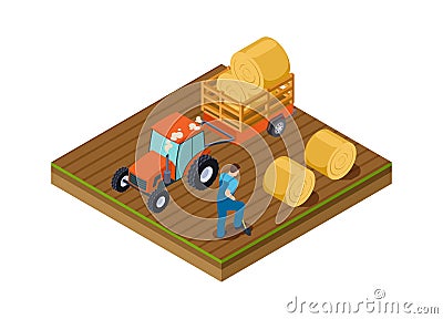 Tractor lorry. Agricultural work, man digs ground. Isometric plantation, harvesting time vector illustration Vector Illustration