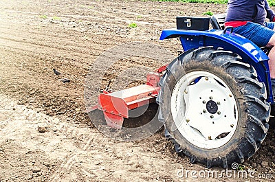 Tractor with milling machine loosens, grinds and mixes soil. Cultivation technology equipment. Loosening the surface, cultivating Stock Photo