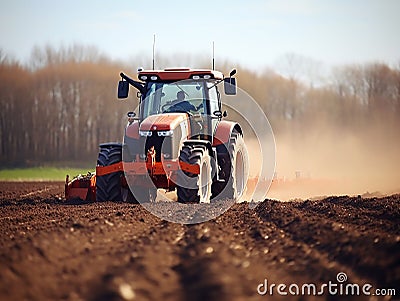 Tractor plowing field in early spring. farmer with tractor - sowing crops in agricultural field Stock Photo