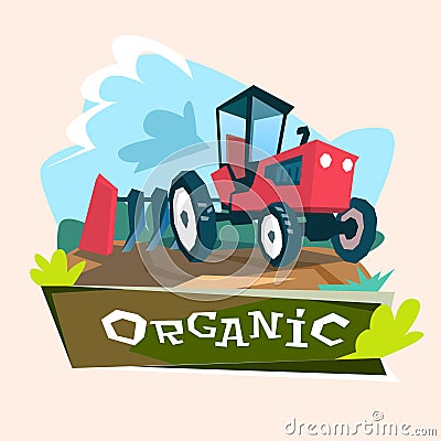 Tractor Plowing Field Eco Farming Concept Vector Illustration