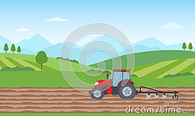 Tractor plowing the field on rural landscape background. Agriculture concept. Vector Illustration