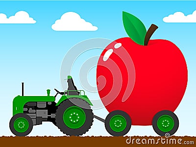 Tractor pulling a huge apple Vector Illustration